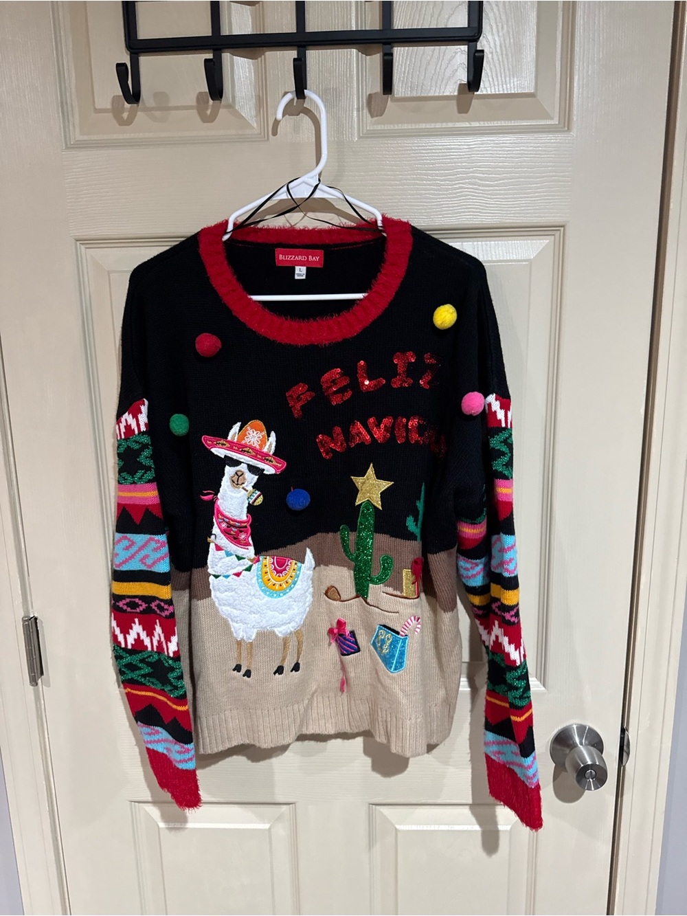 Blizzard Bay Black Multicolor Llama Crewneck Ulgy Christmas Sweater Feliz